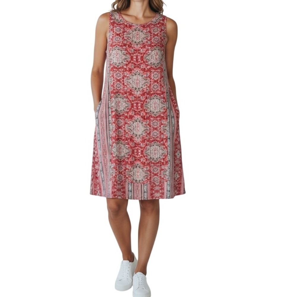 J.Jill Petite Red Floral Medallion Print Sleeveless Rayon Dress Medium‎